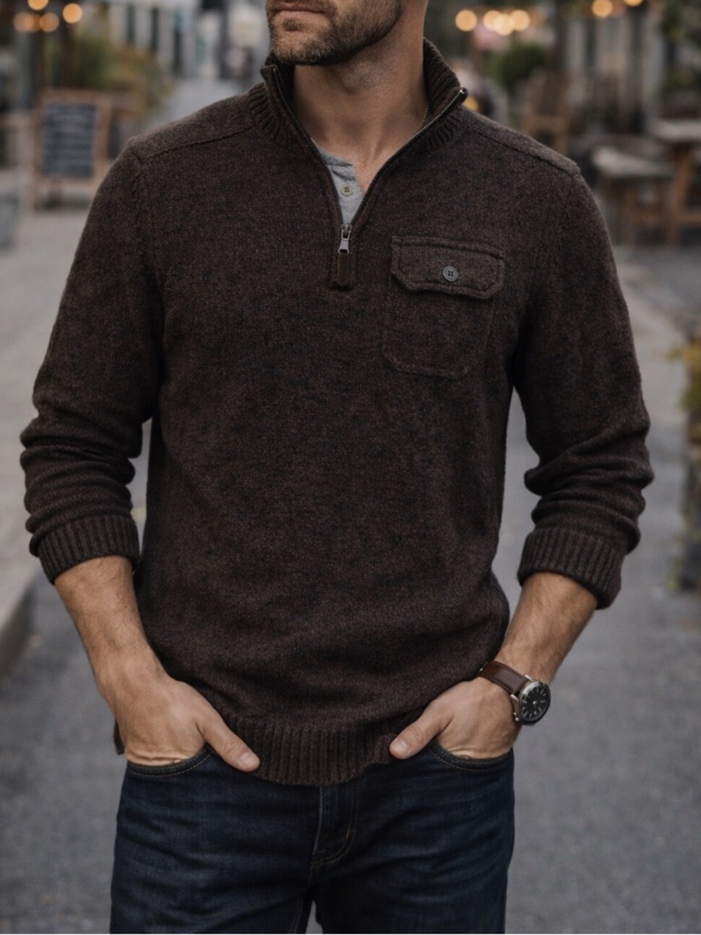 Mens Outdoor Life Mock Neck Quarter Zip Sweater | Pullover | Brown